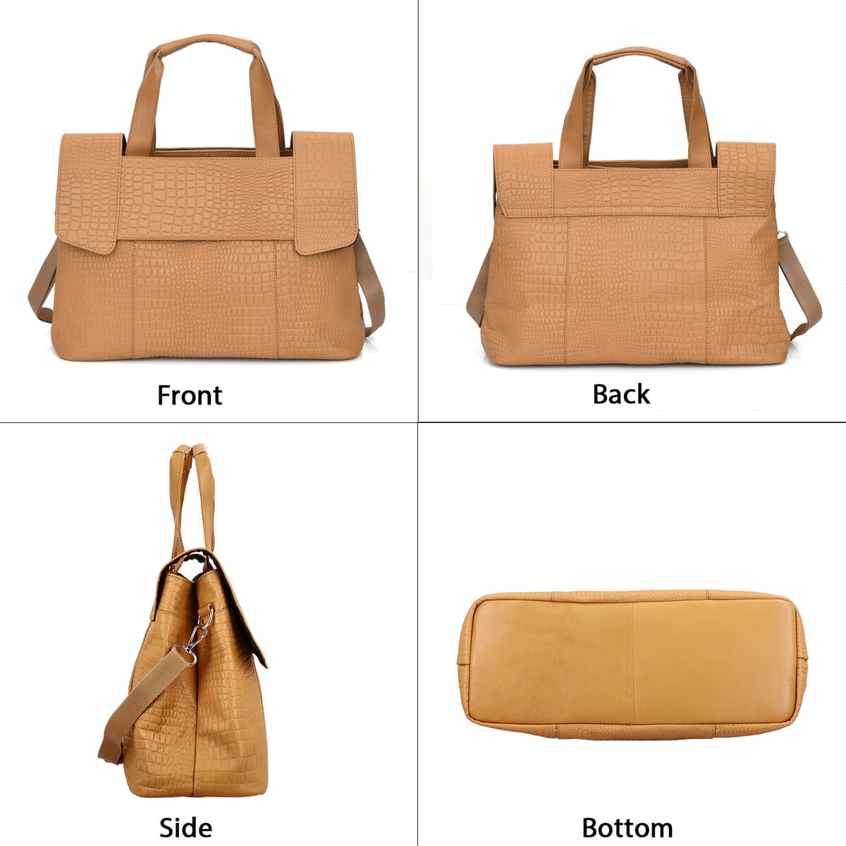 Tan Genuine Leather Croco Embossed Shoulder Bag image number 4