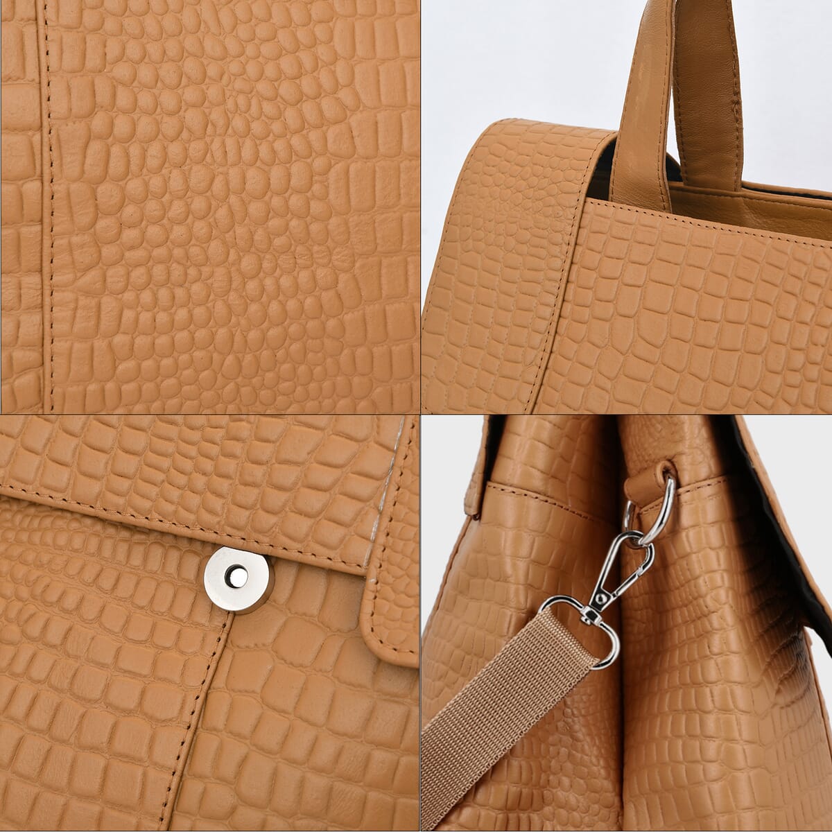 Tan Genuine Leather Croco Embossed Shoulder Bag image number 5