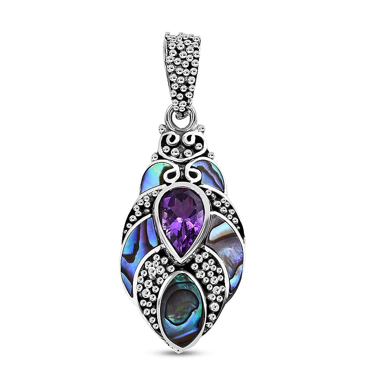 Bali Legacy Abalone Shell and Amethyst 1.20 ctw Pendant without Chain in Sterling Silver