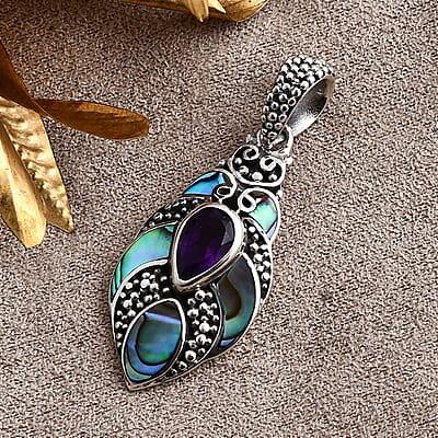 Bali Legacy Abalone Shell and Amethyst 1.20 ctw Pendant without Chain in Sterling Silver