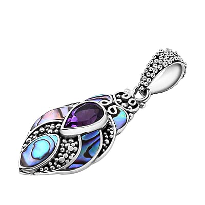 Bali Legacy Abalone Shell and Amethyst 1.20 ctw Pendant without Chain in Sterling Silver