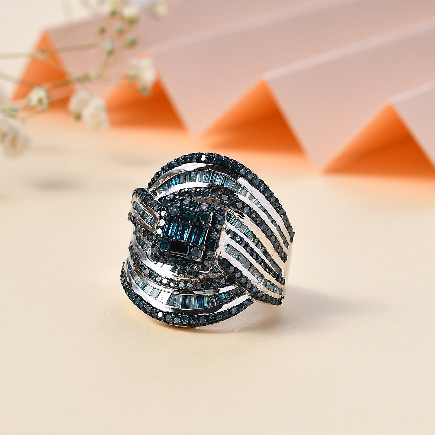 Blue Diamond Ring in Platinum Over Sterling Silver (Size 10.0) 2.00 ctw