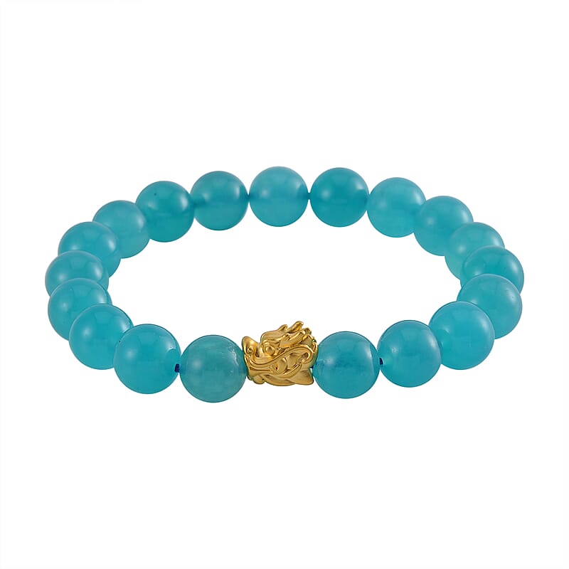 24K Yellow Gold AAA Amazonite Beaded Dragon Stretch Bracelet 113.30 ctw
