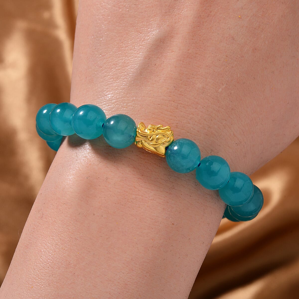 24K Yellow Gold AAA Amazonite Beaded Dragon Stretch Bracelet 113.30 ctw image number 1