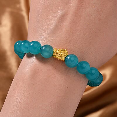 24K Yellow Gold AAA Amazonite Beaded Dragon Stretch Bracelet 113.30 ctw