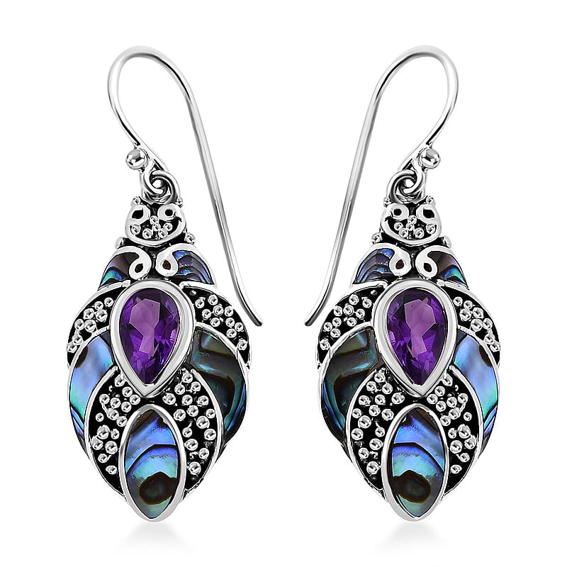 Bali Legacy Abalone Shell and African Amethyst 1.60 ctw Earrings in Sterling Silver