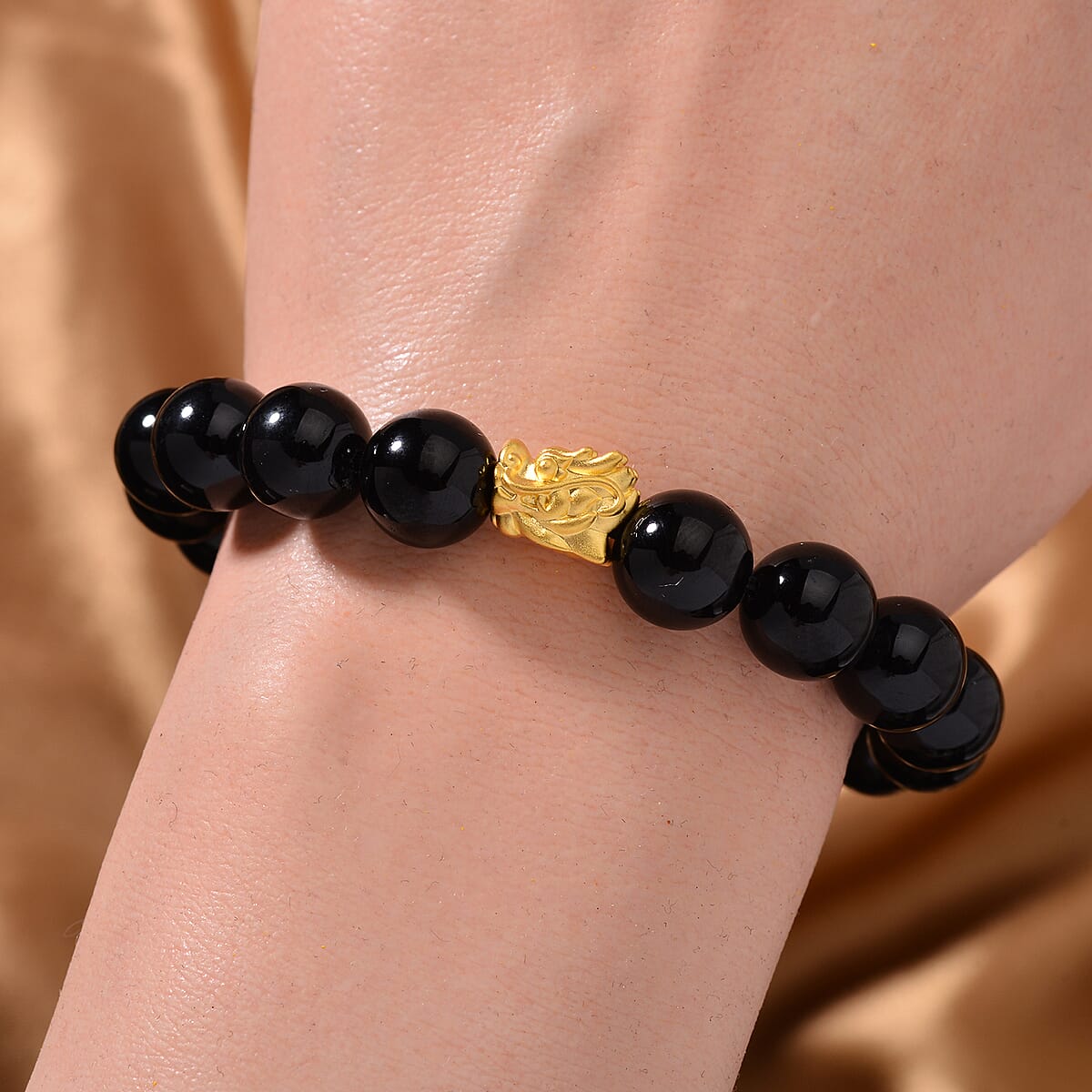 24K Yellow Gold AAA Black Tourmaline Beaded Dragon Stretch Bracelet 164.45 ctw image number 1