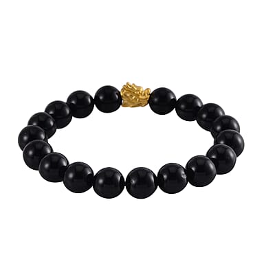 24K Yellow Gold AAA Black Tourmaline Beaded Dragon Stretch Bracelet 164.45 ctw