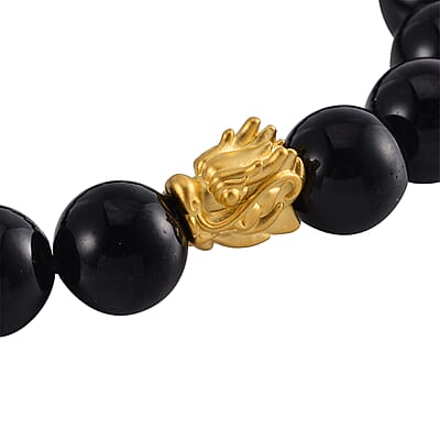 24K Yellow Gold AAA Black Tourmaline Beaded Dragon Stretch Bracelet 164.45 ctw