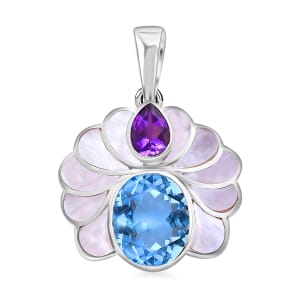 Bali Legacy White Shell Pearl, African Amethyst and Sky Blue Topaz 7.00 ctw Pendant without Chain in Sterling Silver 