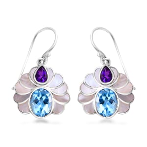 Bali Legacy White Shell Pearl, African Amethyst and Sky Blue Topaz 7.50 ctw Earrings in Sterling Silver