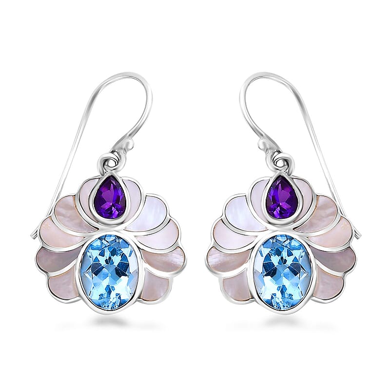 Bali Legacy White Shell Pearl, African Amethyst and Sky Blue Topaz 7.50 ctw Earrings in Sterling Silver
