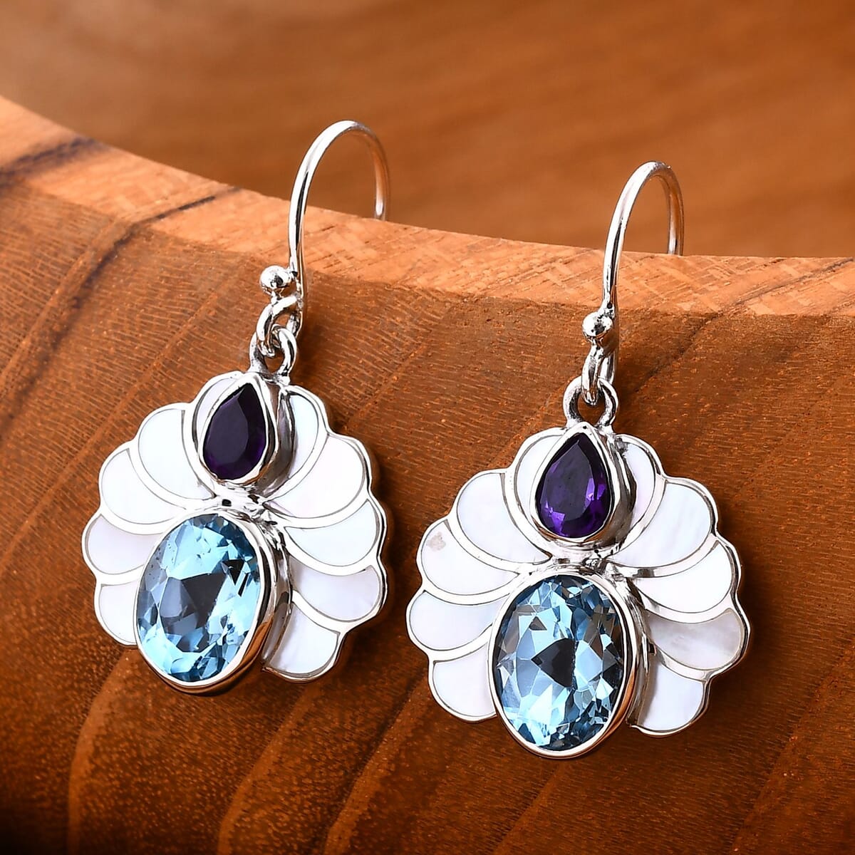 Bali Legacy White Shell Pearl, African Amethyst and Sky Blue Topaz 7.50 ctw Earrings in Sterling Silver image number 1