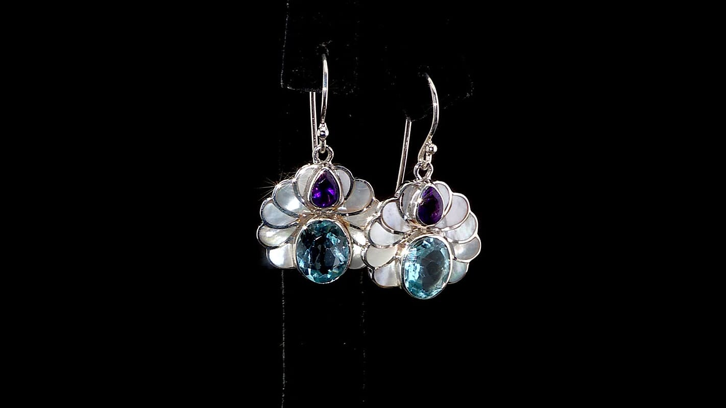 Bali Legacy White Shell Pearl, African Amethyst and Sky Blue Topaz 7.50 ctw Earrings in Sterling Silver