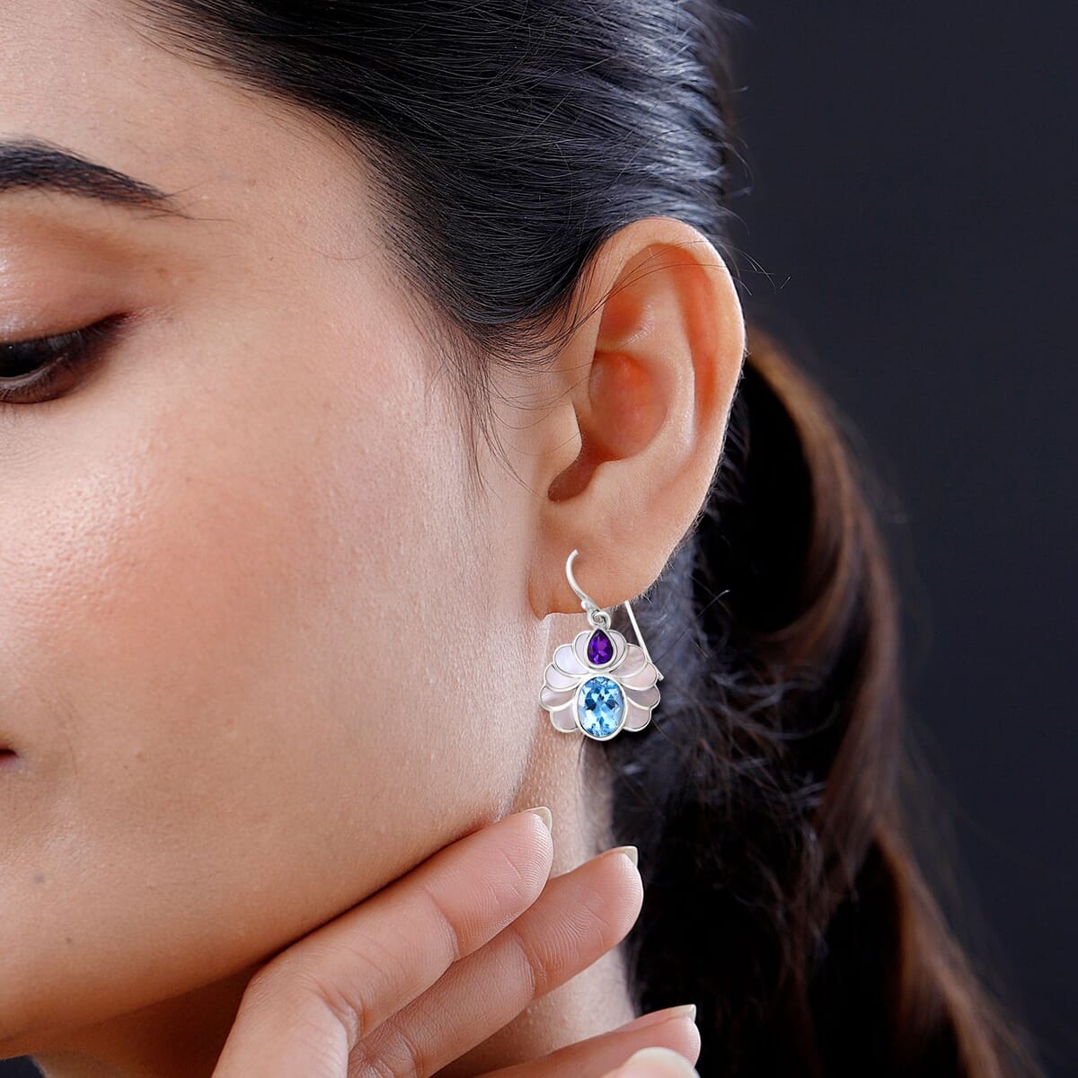 Bali Legacy White Shell Pearl, African Amethyst and Sky Blue Topaz 7.50 ctw Earrings in Sterling Silver image number 2
