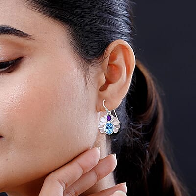 Bali Legacy White Shell Pearl, African Amethyst and Sky Blue Topaz 7.50 ctw Earrings in Sterling Silver