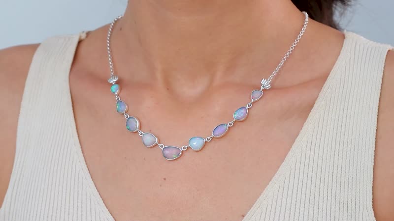 Indian Artistry Polki Ethiopian Welo Opal 8.10 ctw Rose Necklace in Sterling Silver 18 Inches