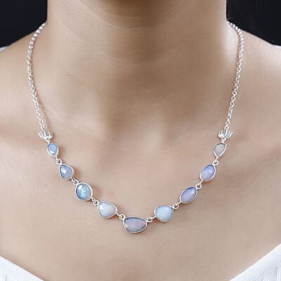 Indian Artistry Polki Ethiopian Welo Opal 8.10 ctw Rose Necklace in Sterling Silver 18 Inches