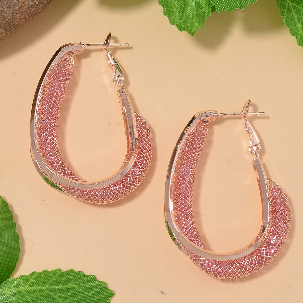 Sparkly Pink Austrian Crystal Infinity Inside Out Hoop Earrings in Rosetone image number 1