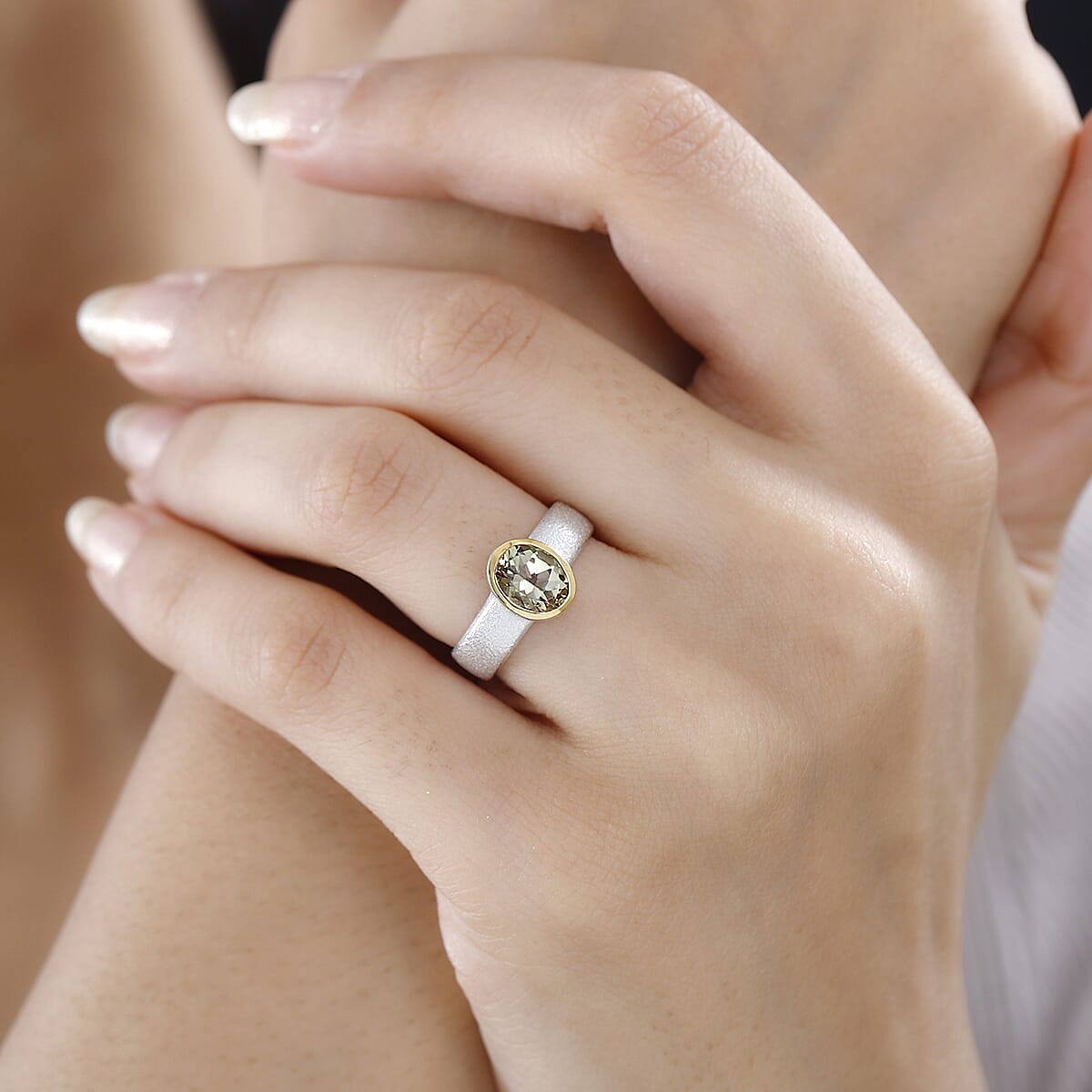 Brazilian Sunfire Beryl Sandblast Texture Solitaire Ring in Vermeil YG and Platinum Over Sterling Silver (Size 6.0) 1.10 ctw image number 2