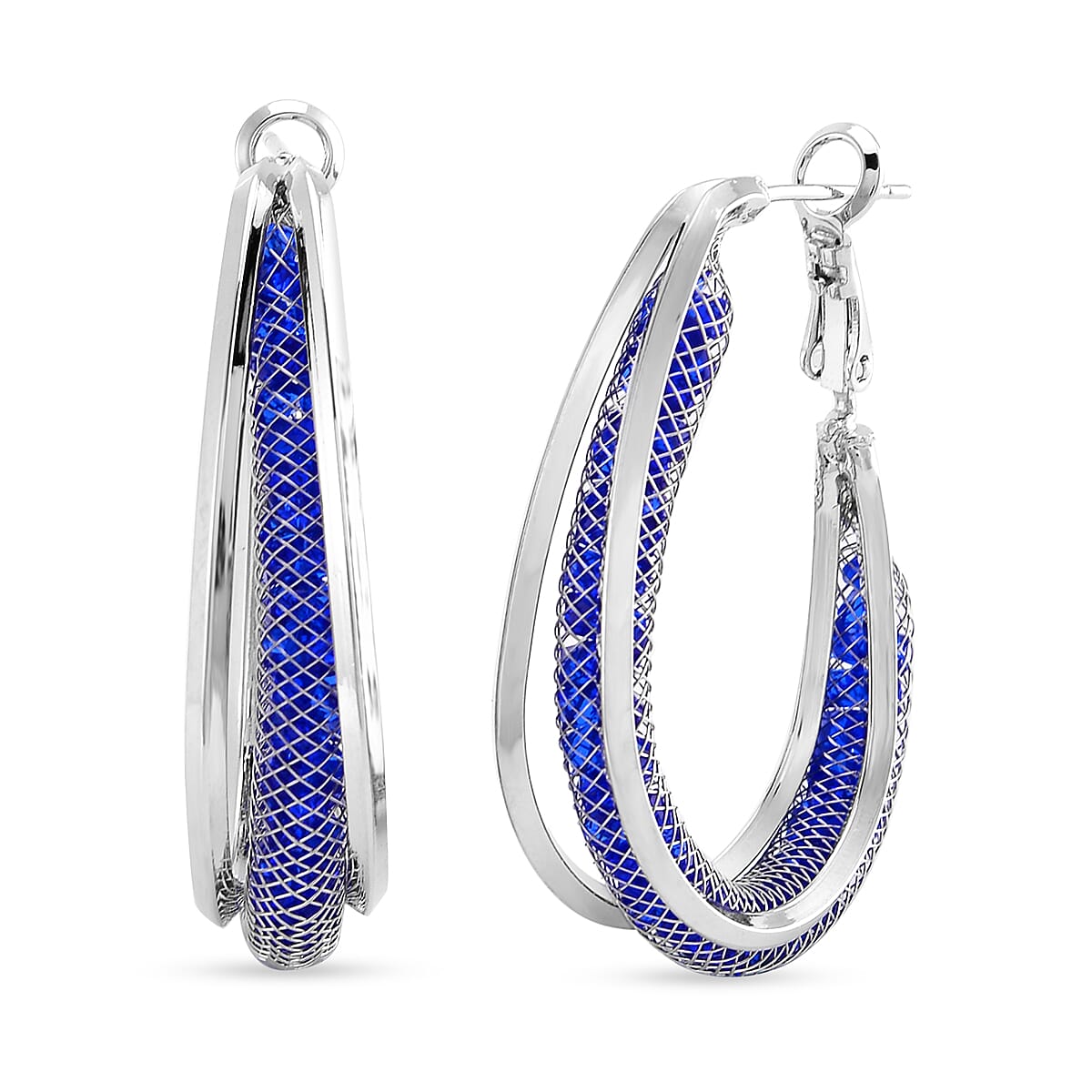 Sparkly Blue Austrian Crystal Inside Out Hoop Earrings in Silvertone