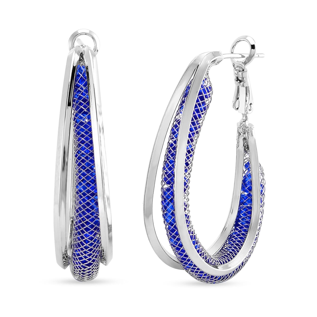 Sparkly Blue Austrian Crystal Inside Out Hoop Earrings in Silvertone image number 0