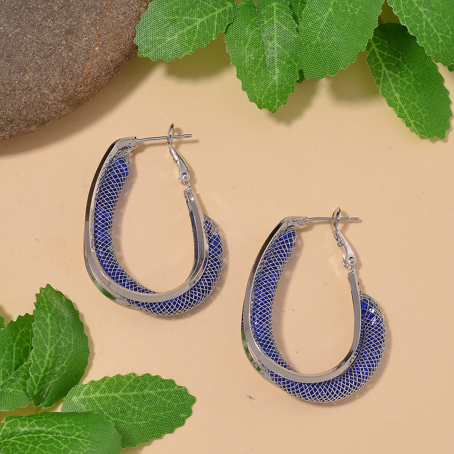 Sparkly Blue Austrian Crystal Inside Out Hoop Earrings in Silvertone