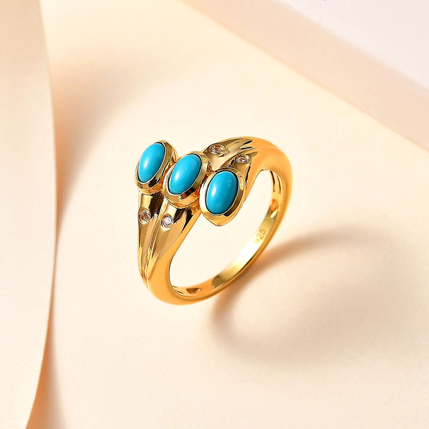 Sleeping Beauty Turquoise and White Zircon 0.77 ctw Fancy Ring in Vermeil Yellow Gold Over Sterling Silver (Size 9.0)