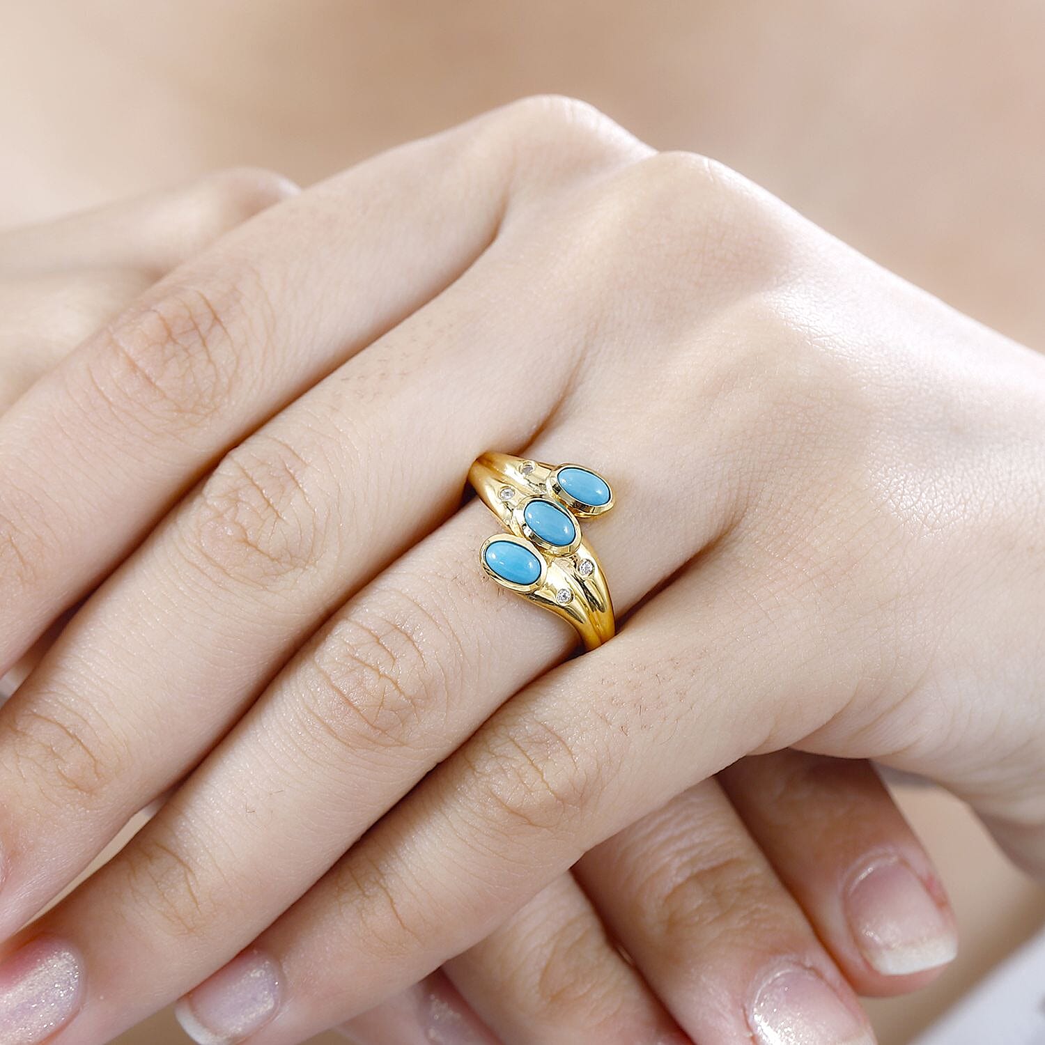 Sleeping Beauty Turquoise and White Zircon 0.77 ctw Fancy Ring in Vermeil Yellow Gold Over Sterling Silver (Size 9.0)