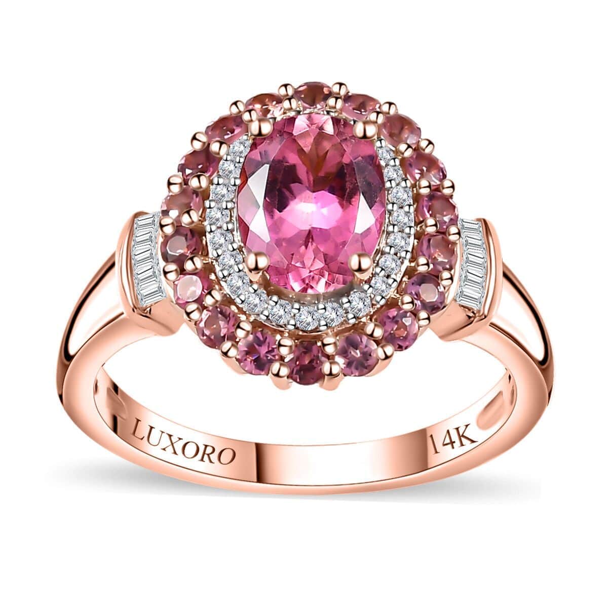 Luxoro 14K Rose Gold AAA Morro Redondo Pink Tourmaline, Diamond (I2) (0.18 cts) Double Halo Ring (Size 7.0) (4 g) 1.80 ctw image number 0