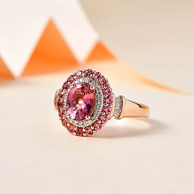 Luxoro 14K Rose Gold AAA Morro Redondo Pink Tourmaline and I2 Diamond Double Halo Ring (Size 10.0) 4 Grams 1.85 ctw