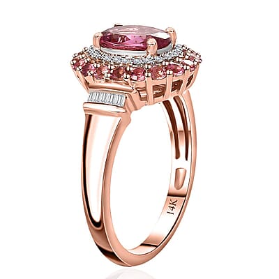 Luxoro 14K Rose Gold AAA Morro Redondo Pink Tourmaline and I2 Diamond Double Halo Ring (Size 10.0) 4 Grams 1.85 ctw