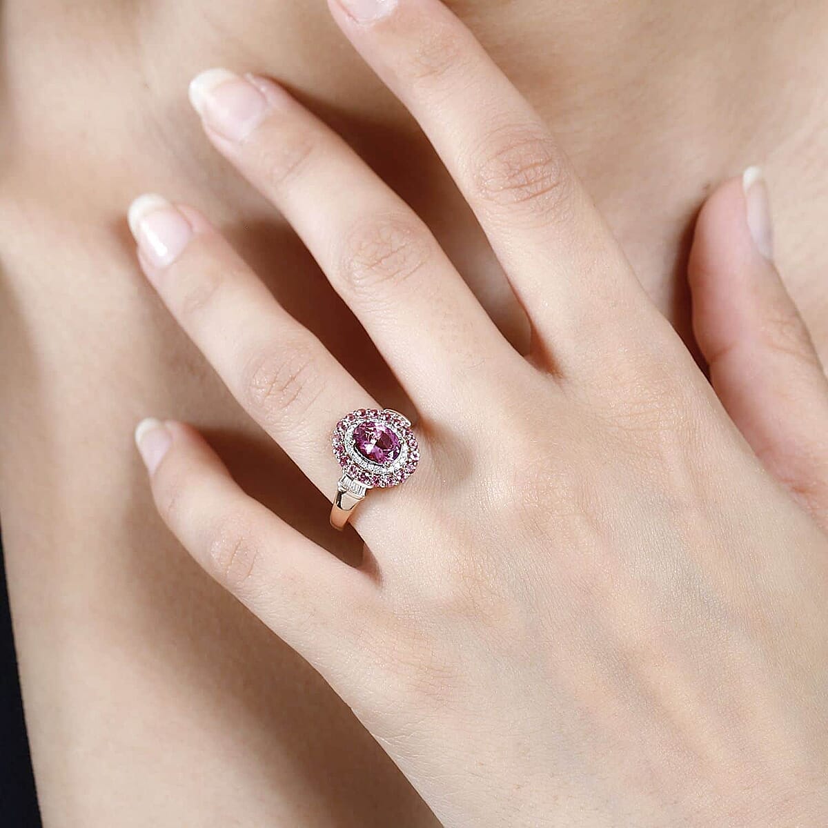 Luxoro 14K Rose Gold AAA Morro Redondo Pink Tourmaline and I2 Diamond Double Halo Ring (Size 10.5) 4 Grams 1.85 ctw image number 2