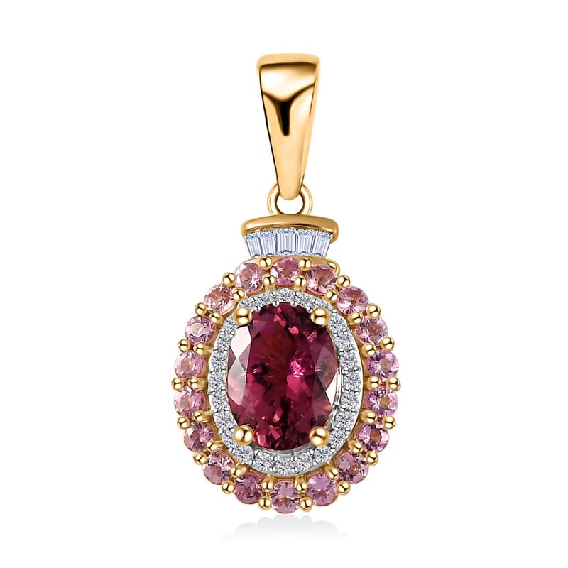 Luxoro 14K Rose Gold AAA Morro Redondo Pink Tourmaline and I2 Diamond Double Halo Pendant 1.85 ctw