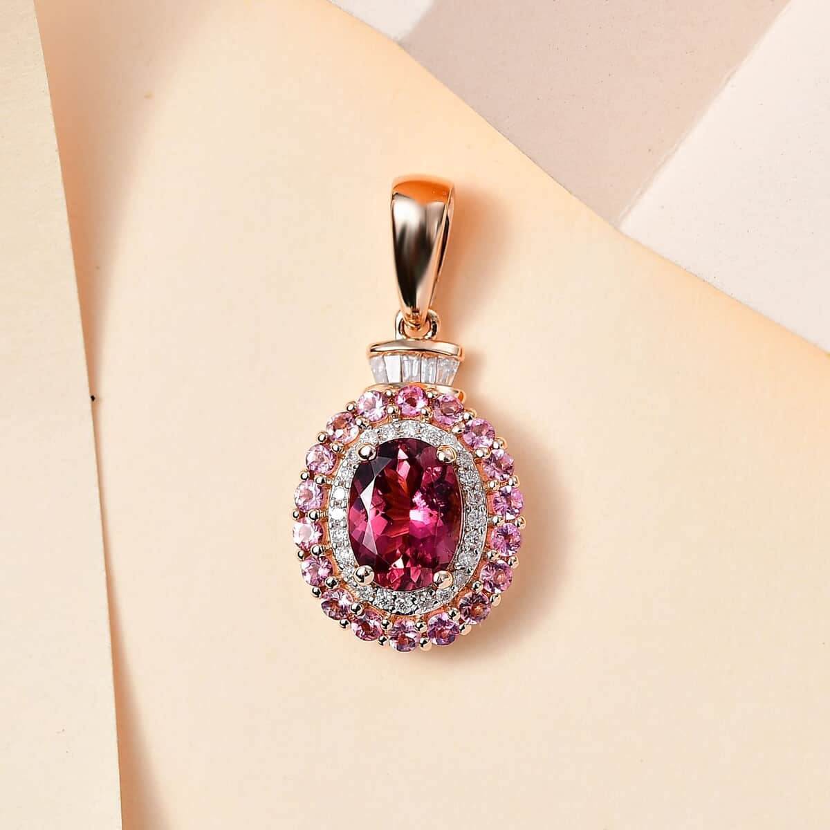 Luxoro 14K Rose Gold AAA Morro Redondo Pink Tourmaline and I2 Diamond Double Halo Pendant 1.85 ctw image number 1