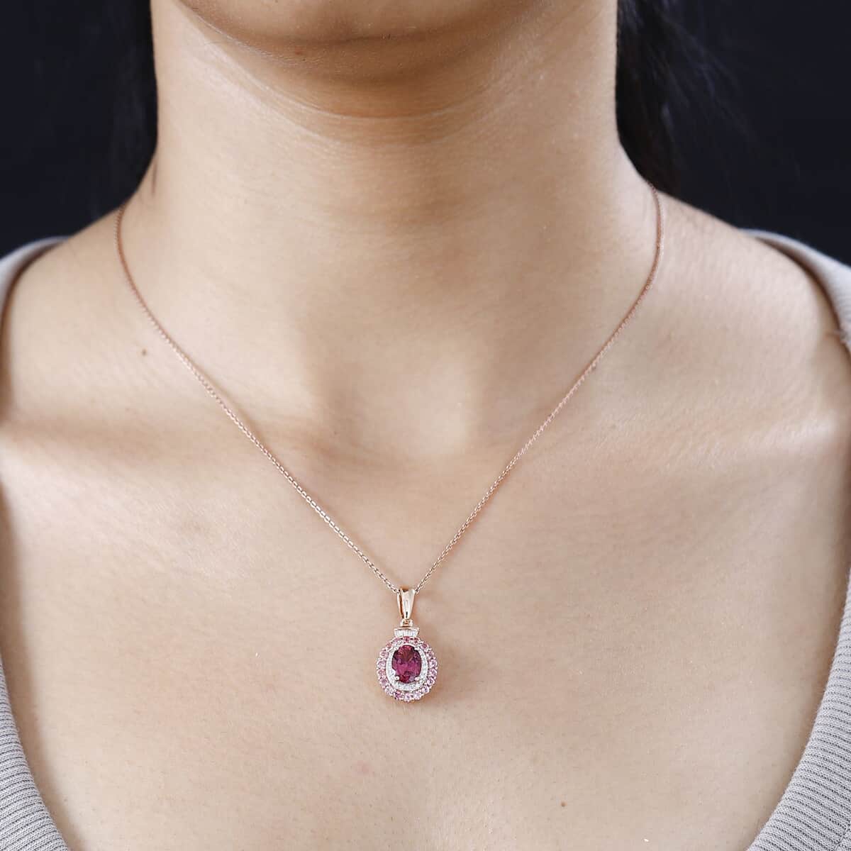 Luxoro 14K Rose Gold AAA Morro Redondo Pink Tourmaline and I2 Diamond Double Halo Pendant 1.85 ctw image number 2