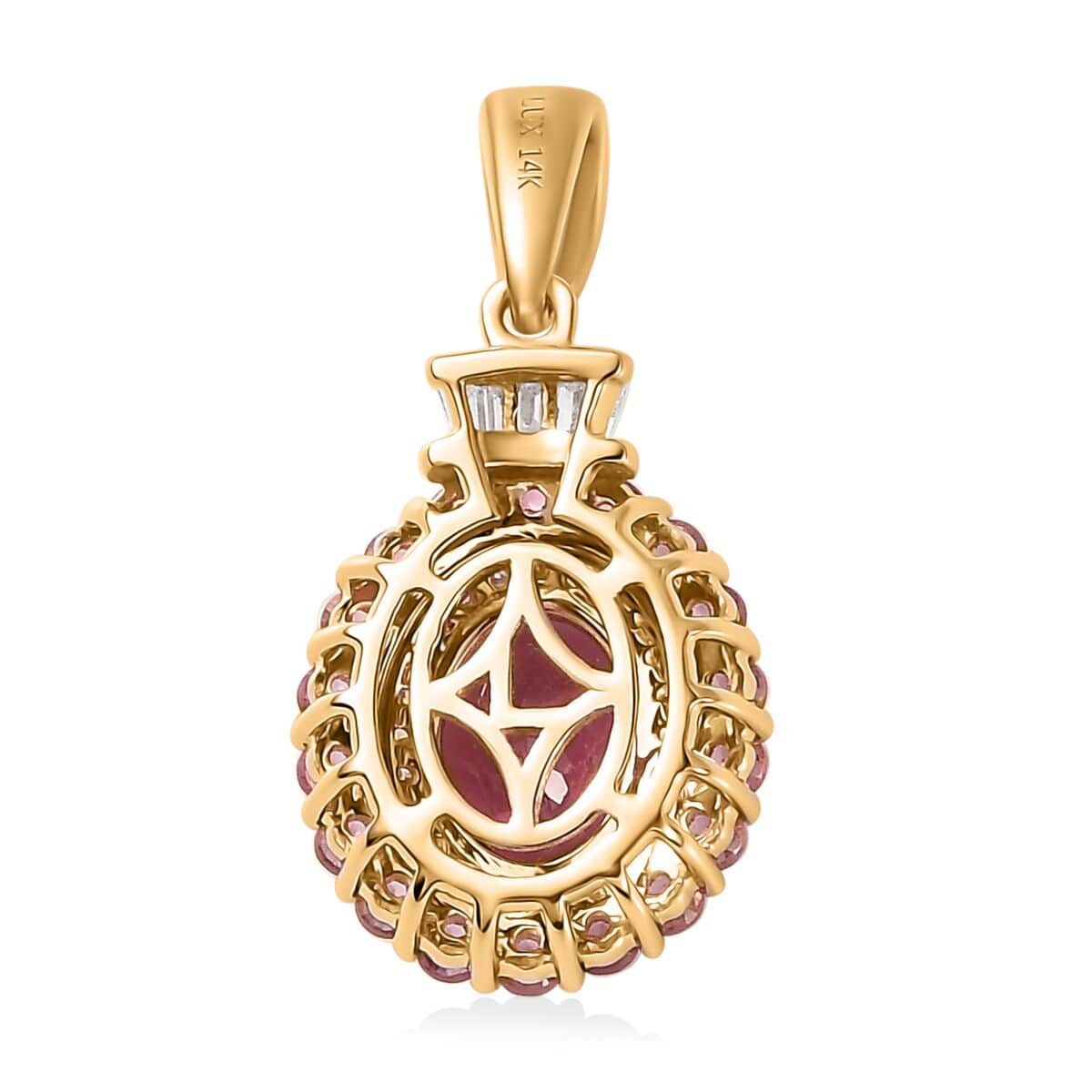 Luxoro 14K Rose Gold AAA Morro Redondo Pink Tourmaline and I2 Diamond Double Halo Pendant 1.85 ctw image number 4