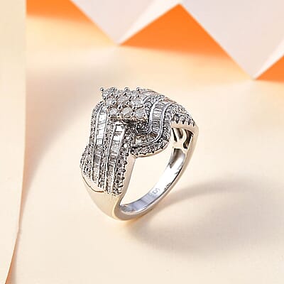 Diamond Bypass Ring in Platinum Over Sterling Silver (Size 10.0) 1.00 ctw