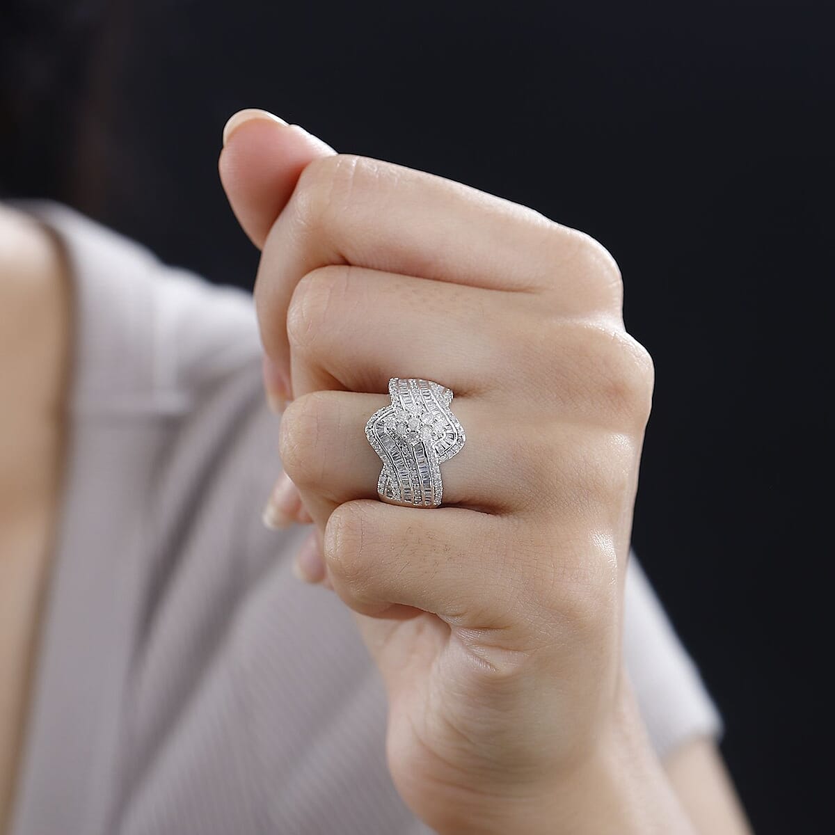 Diamond Bypass Ring in Platinum Over Sterling Silver (Size 10.0) 1.00 ctw image number 2