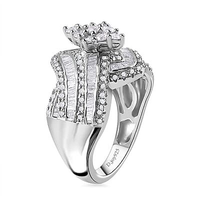 Diamond Bypass Ring in Platinum Over Sterling Silver (Size 10.0) 1.00 ctw