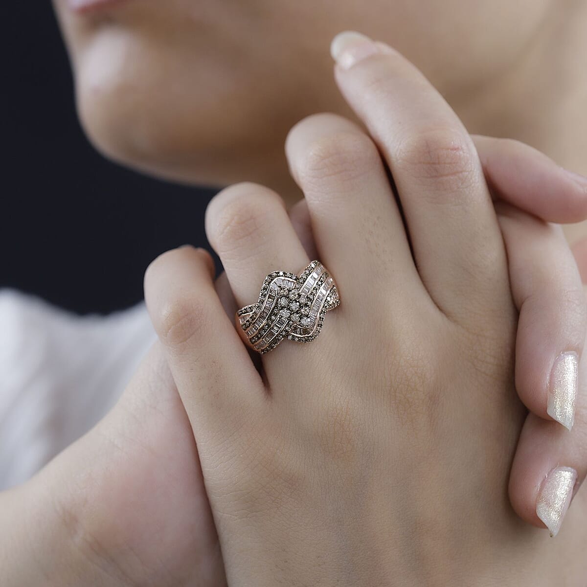 Natural Champagne Diamond Bypass Ring in Vermeil Rose Gold Over Sterling Silver (Size 9.0) 1.00 ctw image number 2