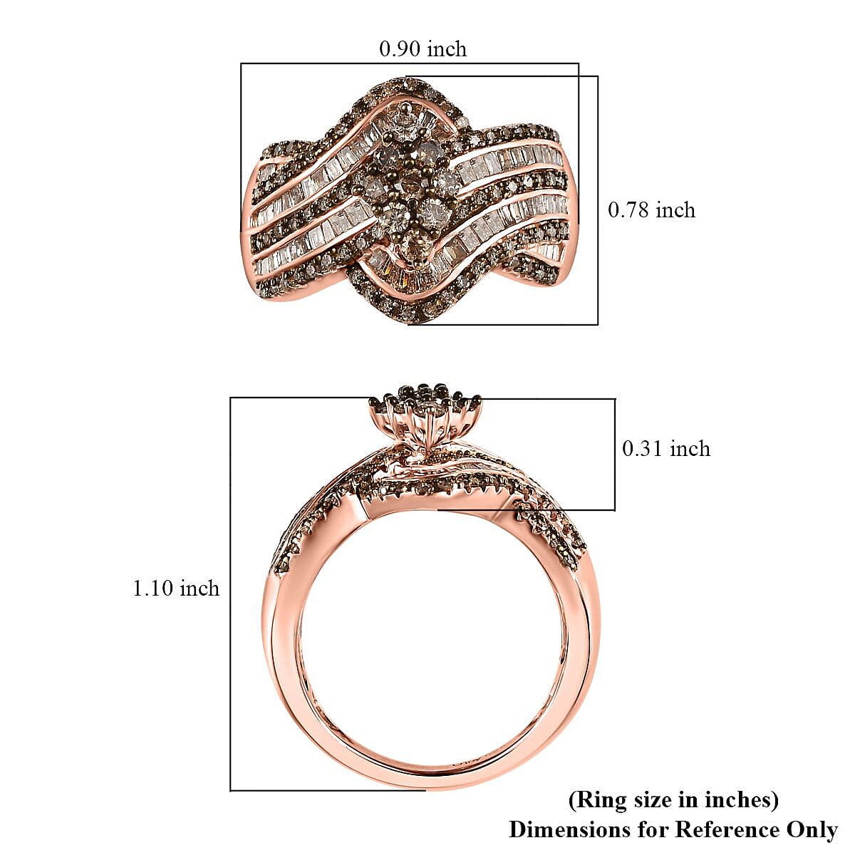 Natural Champagne Diamond Bypass Ring in Vermeil Rose Gold Over Sterling Silver (Size 9.0) 1.00 ctw image number 5