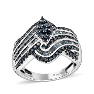 Blue Diamond Bypass Ring in Platinum Over Sterling Silver (Size 7.0) 1.00 ctw