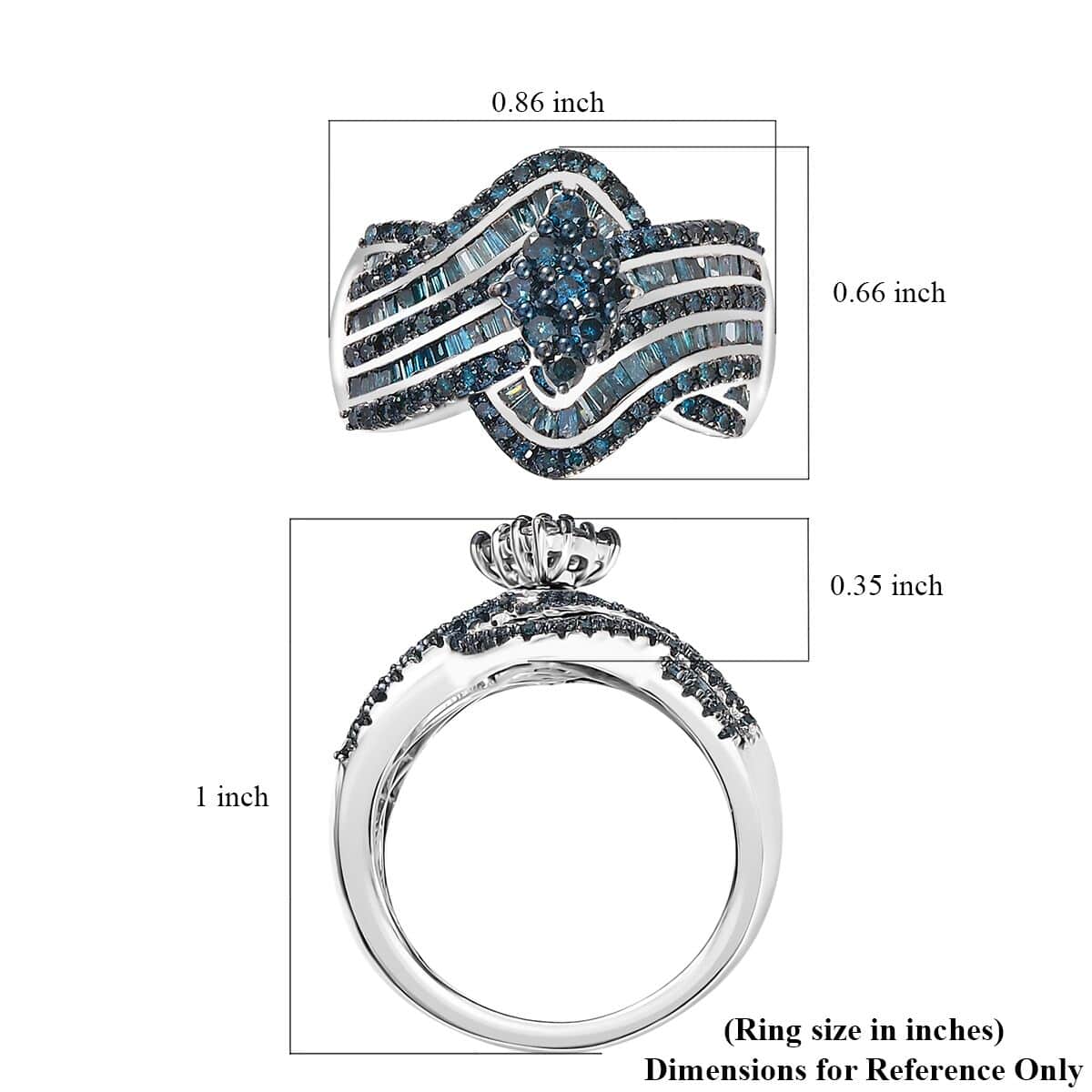 Blue Diamond Bypass Ring in Platinum Over Sterling Silver (Size 7.0) 1.00 ctw image number 5