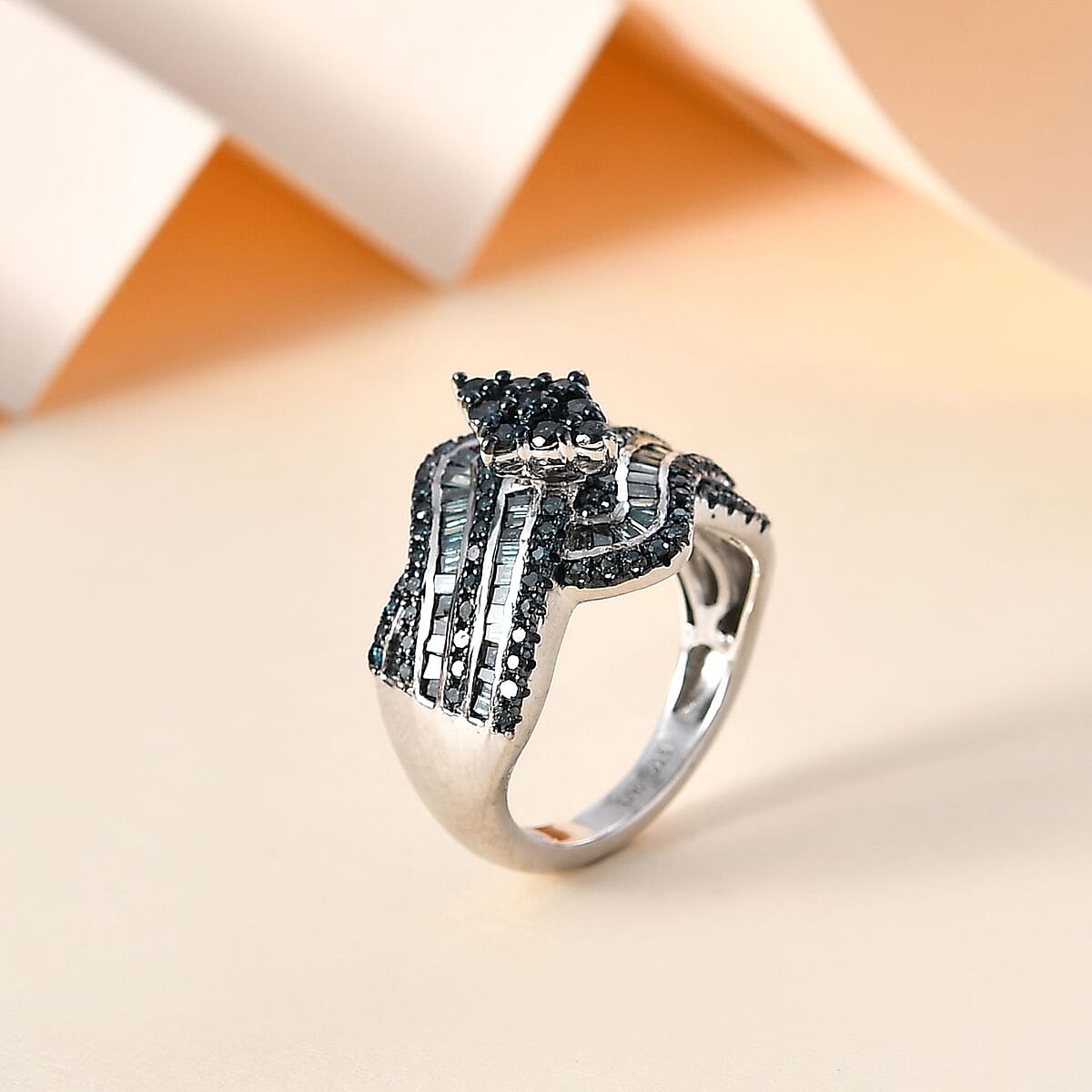 Blue Diamond Bypass Ring in Platinum Over Sterling Silver (Size 8.0) 1.00 ctw image number 1