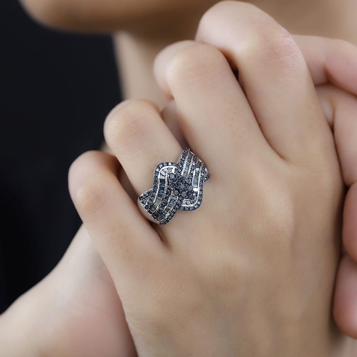 Blue Diamond Bypass Ring in Platinum Over Sterling Silver (Size 8.0) 1.00 ctw image number 2