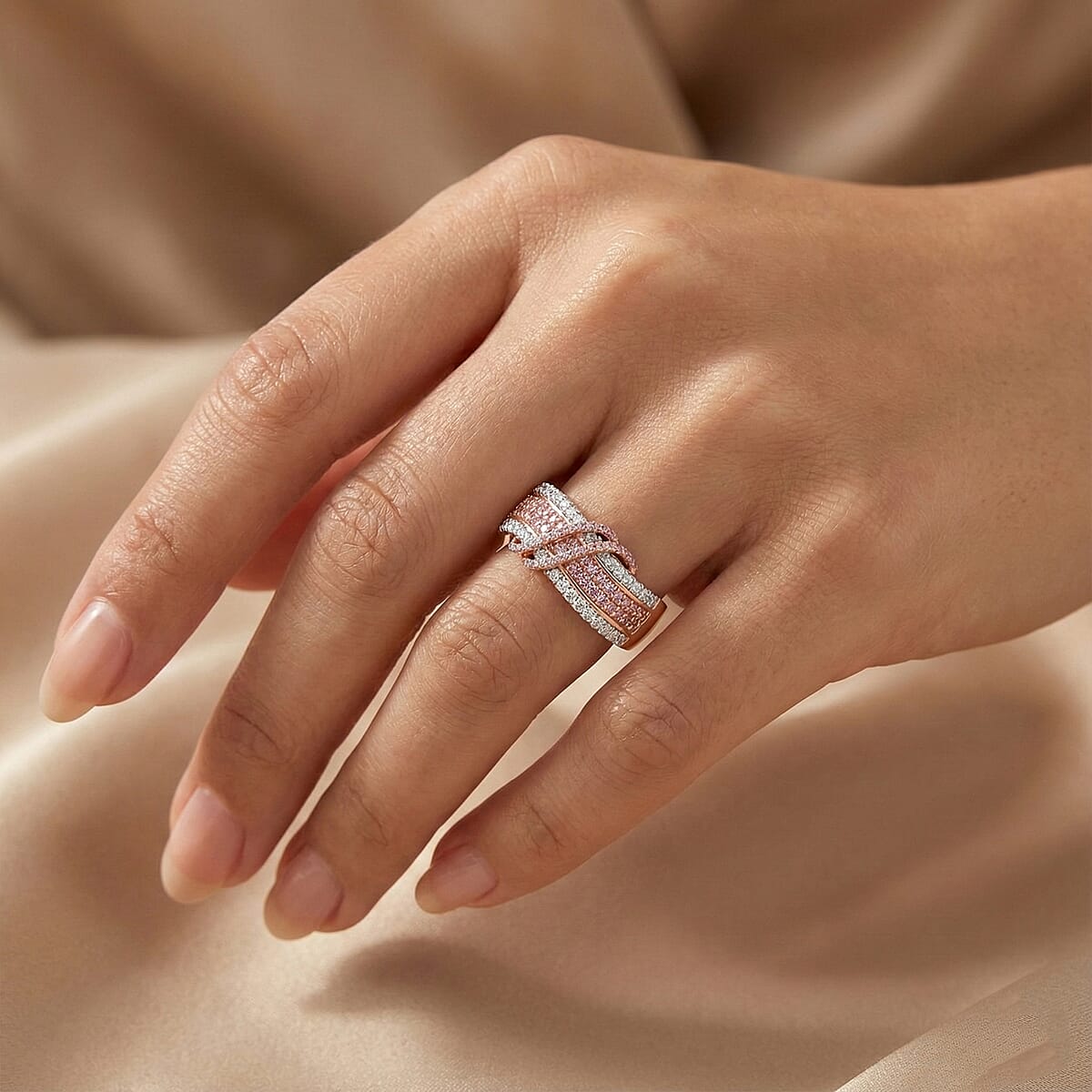 D'Joy Natural Pink and White Diamond 1.10 ctw Intertwined Ribbon Ring in 18K Vermeil Rose Gold Over Sterling Silver (Size 9.0) image number 2