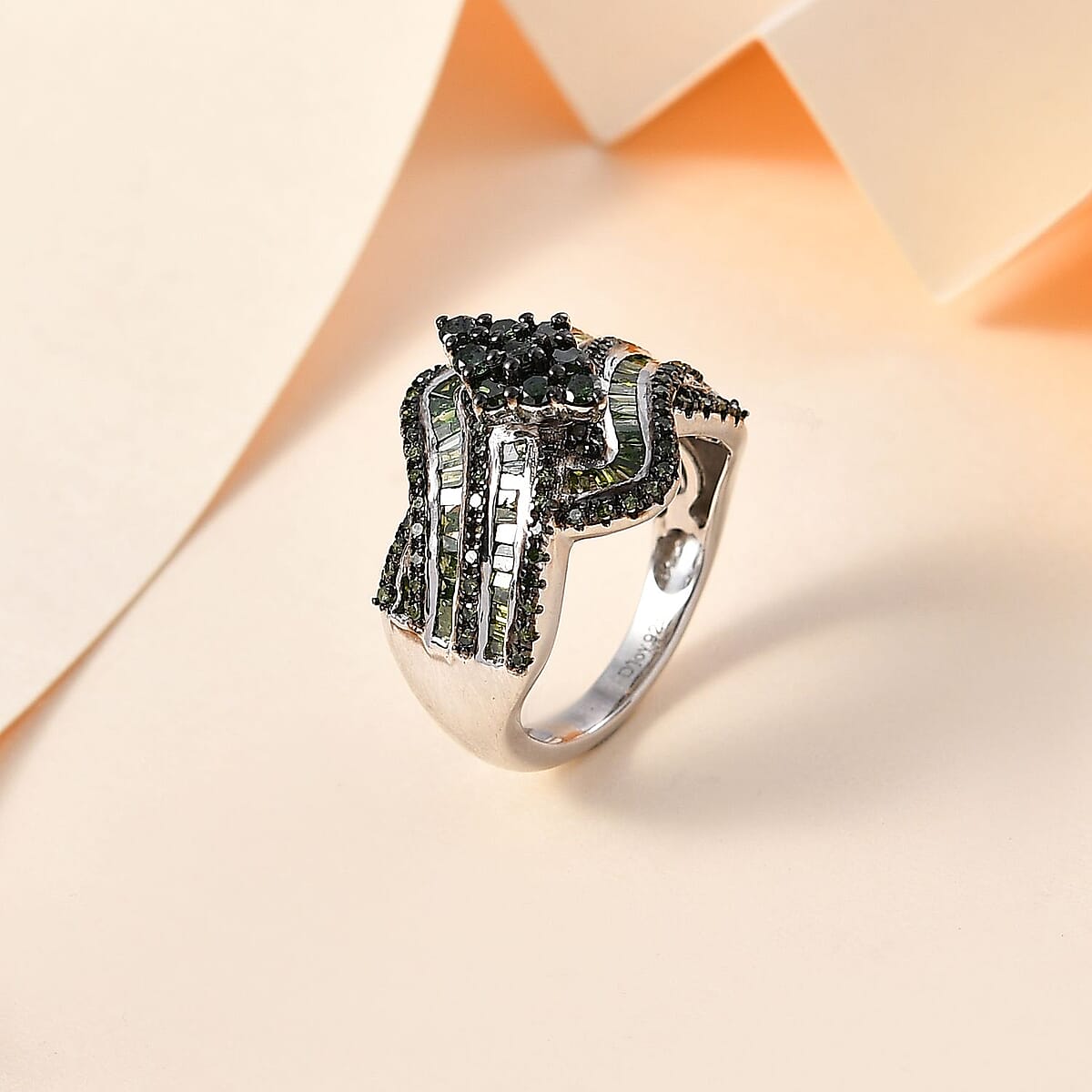 Green Diamond Bypass Ring in Platinum Over Sterling Silver (Size 8.0) 1.00 ctw image number 1