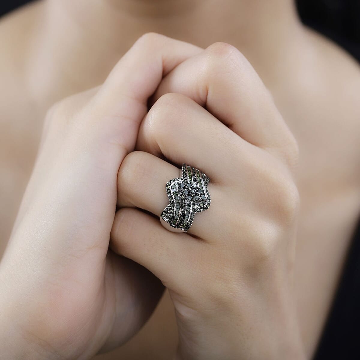 Green Diamond Bypass Ring in Platinum Over Sterling Silver (Size 8.0) 1.00 ctw image number 2