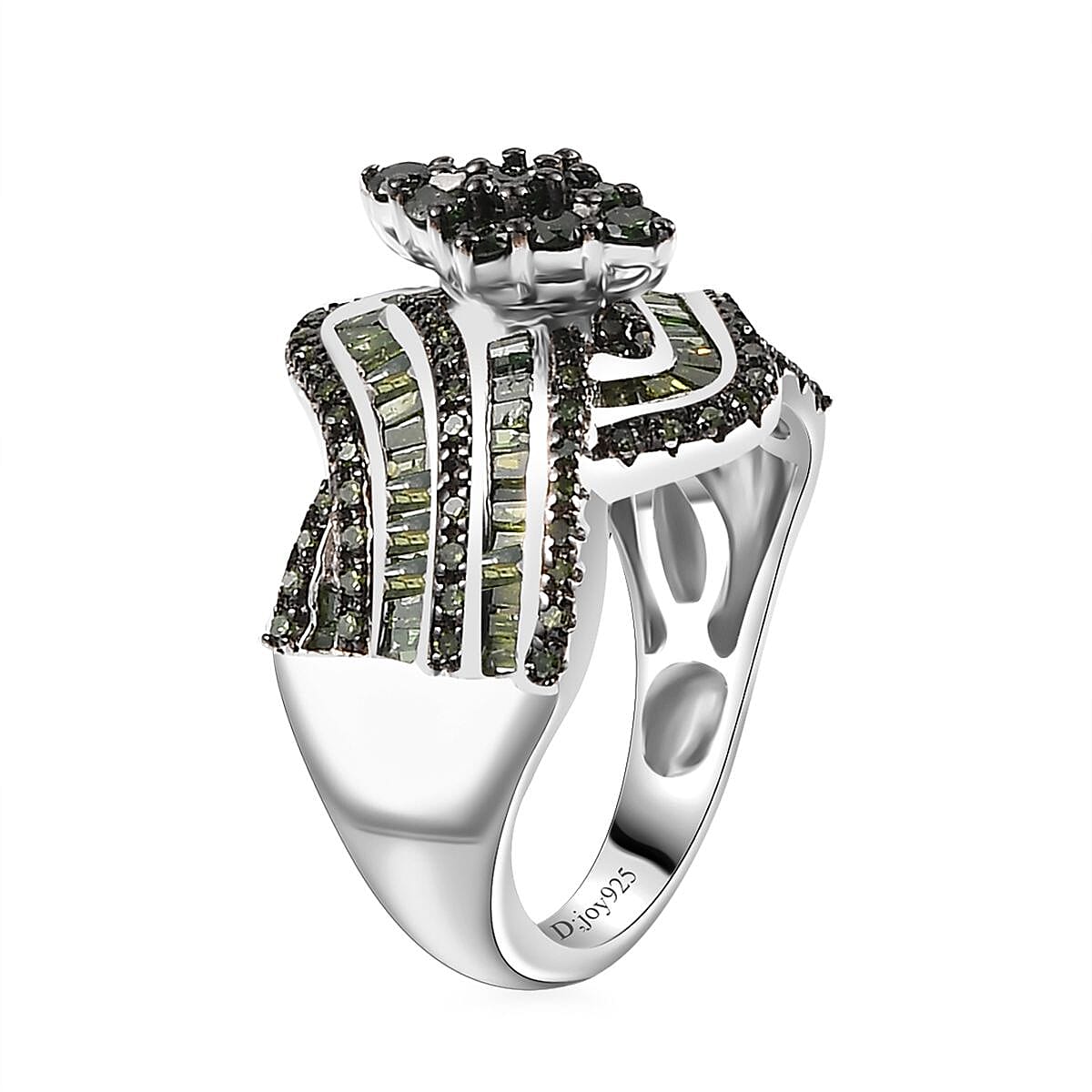 Green Diamond Bypass Ring in Platinum Over Sterling Silver (Size 8.0) 1.00 ctw image number 3